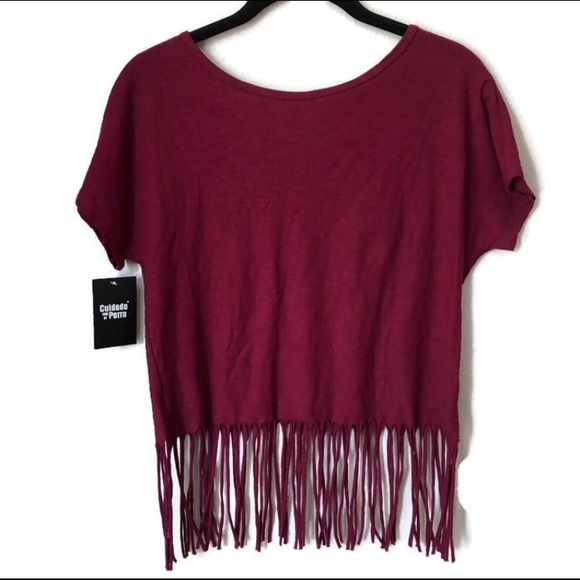 Two facing Tigers maroon SS Top with bottom fringe - Picture 6 of 7
